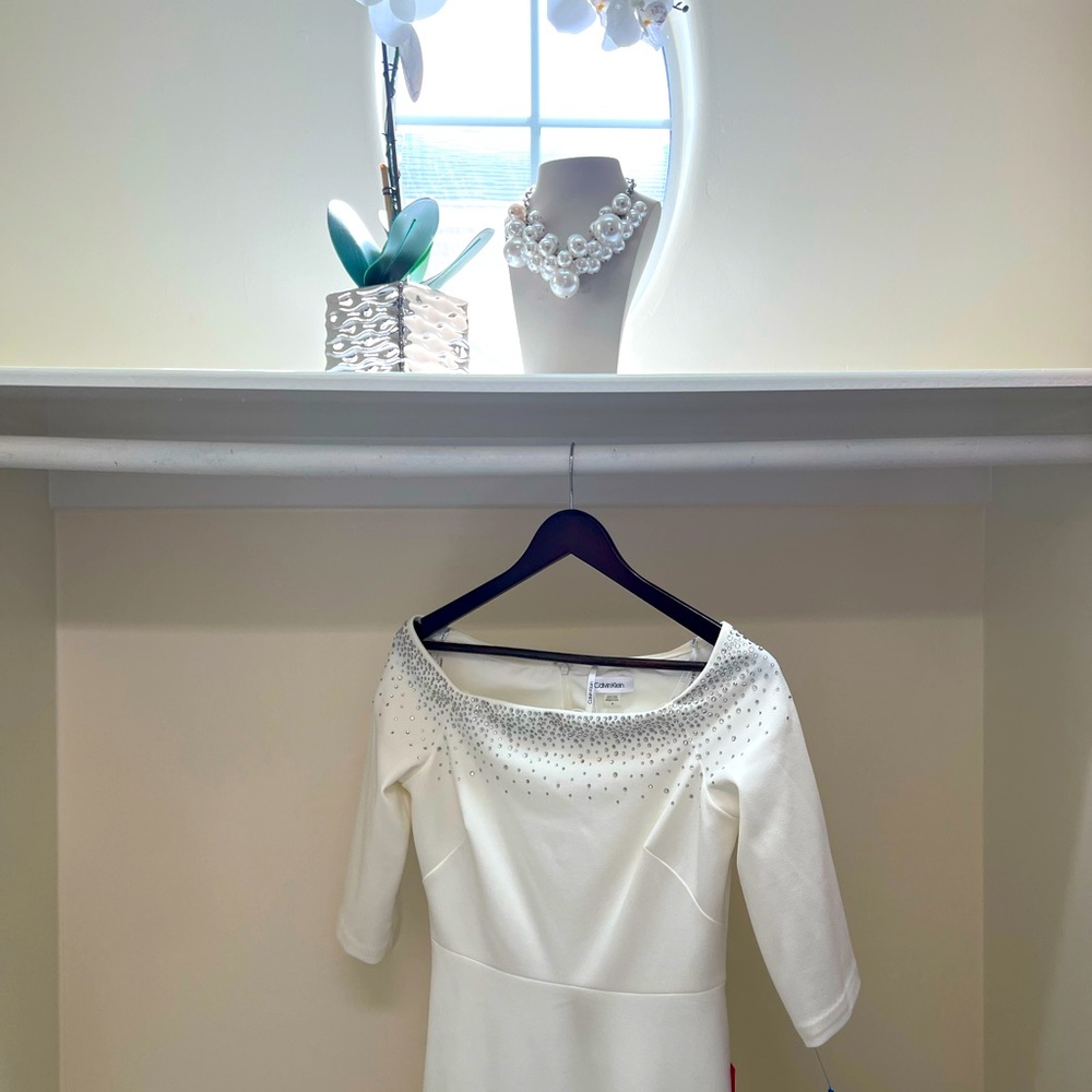 NEW Calvin Klein White High-Low Dress with Rhinestones